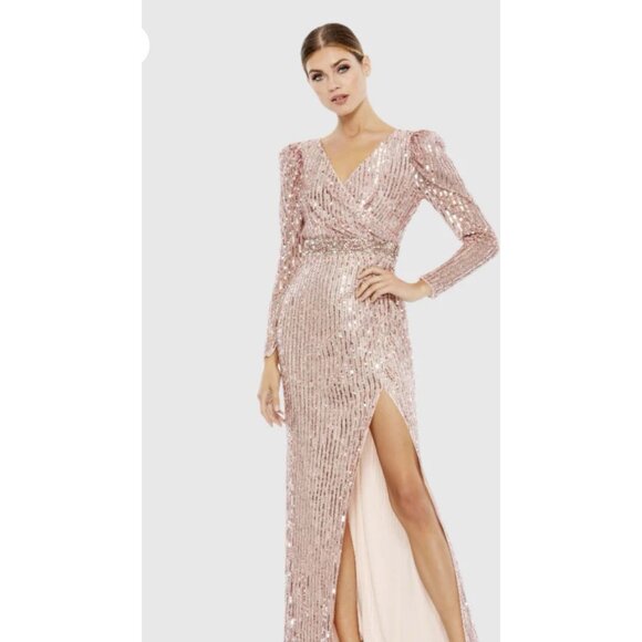 Mac Duggal 93549‎ Pink Sequin Puff Sleeve Size 14 Nwt - Picture 1 of 8